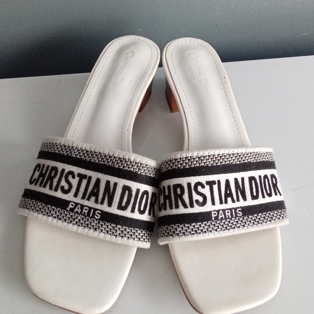 Christian Dior Dway Heeled Slide Sandals White Black Embroidered Mules